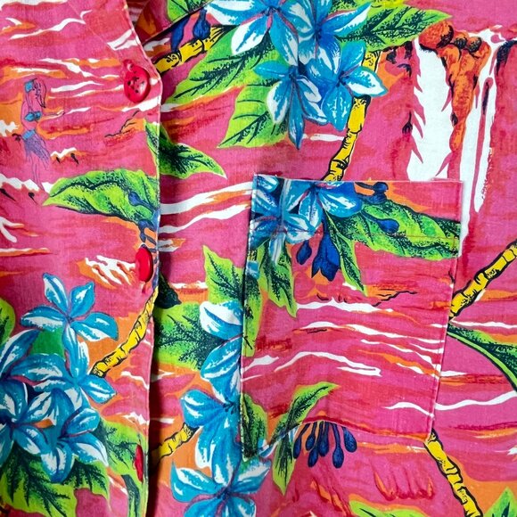 Vintage Beverly Hills Blues Button Down Tropical Pink Hawaiian - Picture 2 of 7